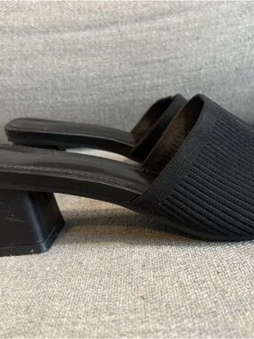 Women's Black Ribbed Slide Mules with Low Block Heel